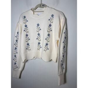 NWT MABLE Cream and Blue Floral Embroidered Cropped Sweater Sz S